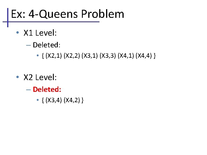 Ex: 4 -Queens Problem • X 1 Level: – Deleted: • { (X 2,