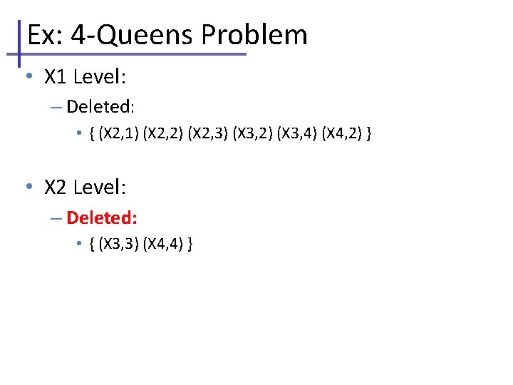 Ex: 4 -Queens Problem • X 1 Level: – Deleted: • { (X 2,