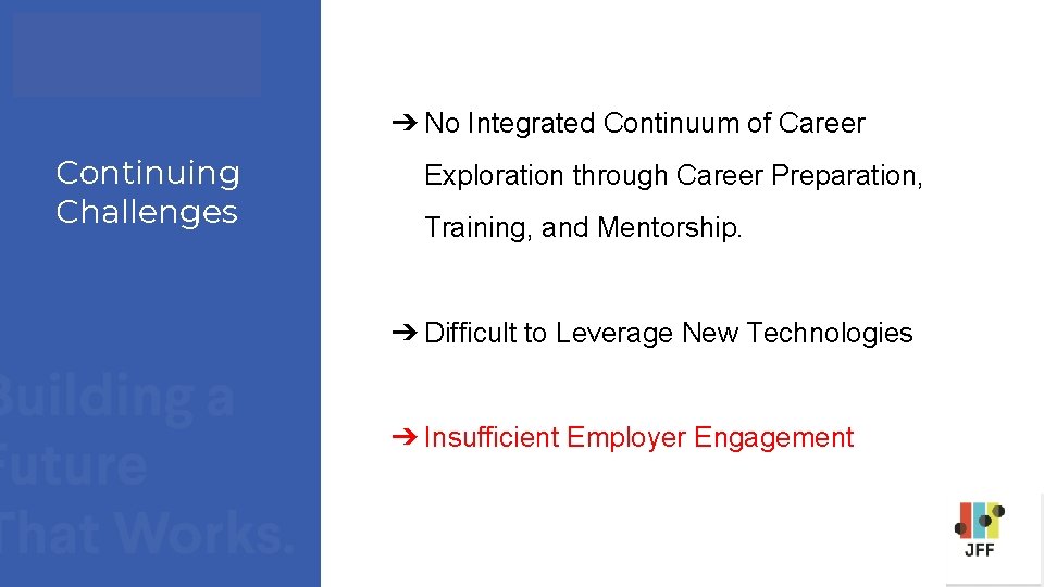 ➔ No Integrated Continuum of Career Continuing Challenges Exploration through Career Preparation, Training, and ➔ No Integrated Continuum of Career Continuing Challenges Exploration through Career Preparation, Training, and