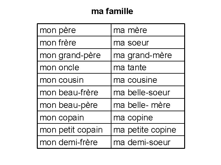 ma famille mon père mon frère mon grand-père mon oncle mon cousin mon beau-frère