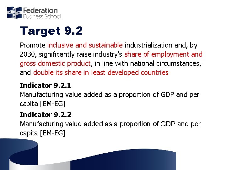 Target 9. 2 Promote inclusive and sustainable industrialization and, by 2030, significantly raise industry’s