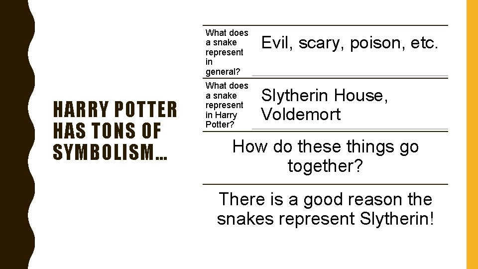 What does a snake represent in general? HARRY POTTER HAS TONS OF SYMBOLISM… What