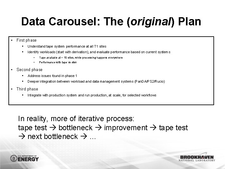 Data Carousel: The (original) Plan • First phase • Understand tape system performance at