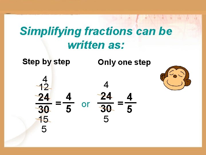 Simplifying fractions can be written as: Step by step 4 12 4 24 =