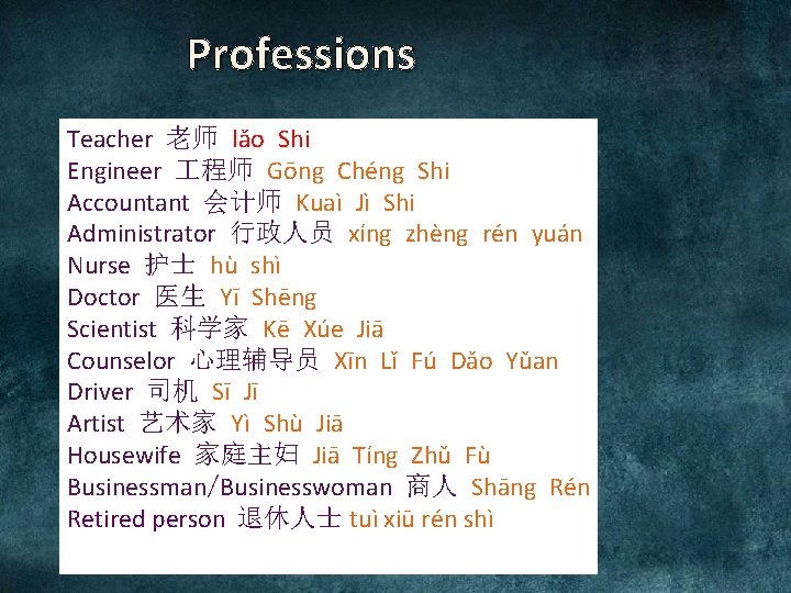 Professions Teacher 老师 lǎo Shi Engineer 程师 Gōng Chéng Shi Accountant 会计师 Kuaì Jì Professions Teacher 老师 lǎo Shi Engineer 程师 Gōng Chéng Shi Accountant 会计师 Kuaì Jì