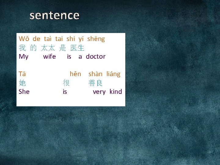 sentence Wǒ de taì tai shi yī shēng 我 的 太太 是 医生 My sentence Wǒ de taì tai shi yī shēng 我 的 太太 是 医生 My