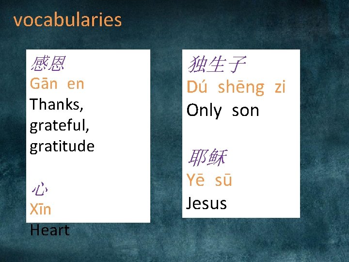 vocabularies 感恩 Gān en Thanks, grateful, gratitude 心 Xīn Heart 独生子 Dú shēng zi vocabularies 感恩 Gān en Thanks, grateful, gratitude 心 Xīn Heart 独生子 Dú shēng zi