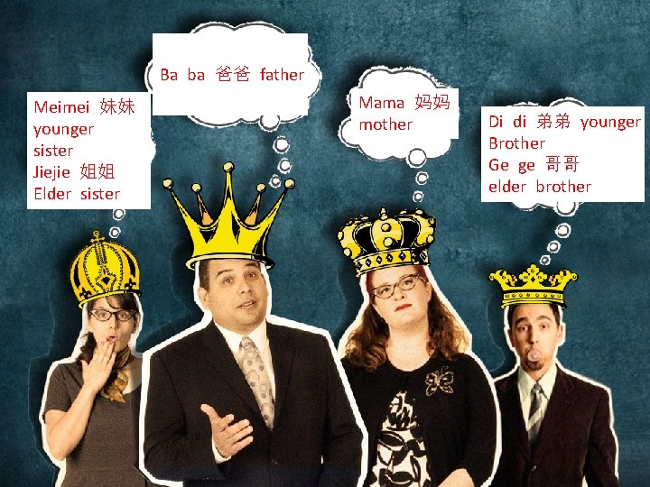 Ba ba 爸爸 father Meimei 妹妹 younger sister Jiejie 姐姐 Elder sister Mama 妈妈 Ba ba 爸爸 father Meimei 妹妹 younger sister Jiejie 姐姐 Elder sister Mama 妈妈