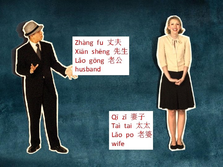 Zhàng fu 丈夫 Xiān shēng 先生 Lǎo gōng 老公 husband Qī zǐ 妻子 Taì Zhàng fu 丈夫 Xiān shēng 先生 Lǎo gōng 老公 husband Qī zǐ 妻子 Taì