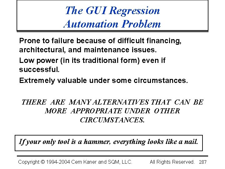 The GUI Regression Automation Problem Prone to failure because of difficult financing, architectural, and
