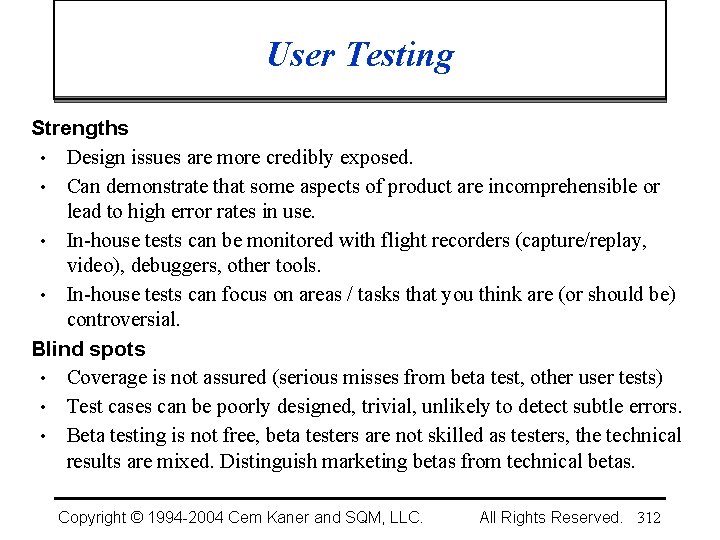 User Testing Strengths • Design issues are more credibly exposed. • Can demonstrate that