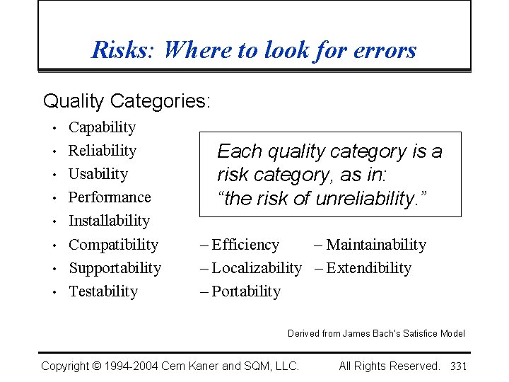 Risks: Where to look for errors Quality Categories: • • Capability Reliability Usability Performance