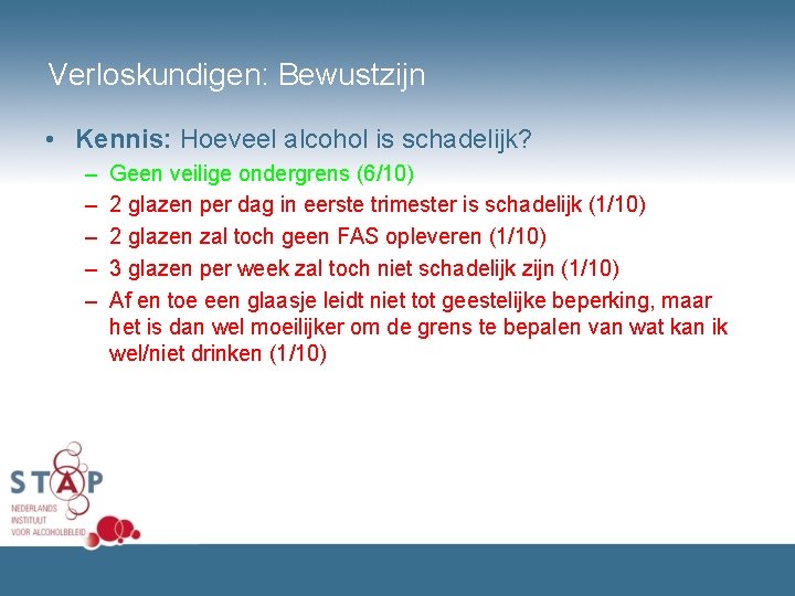 Verloskundigen: Bewustzijn • Kennis: Hoeveel alcohol is schadelijk? – – – Geen veilige ondergrens