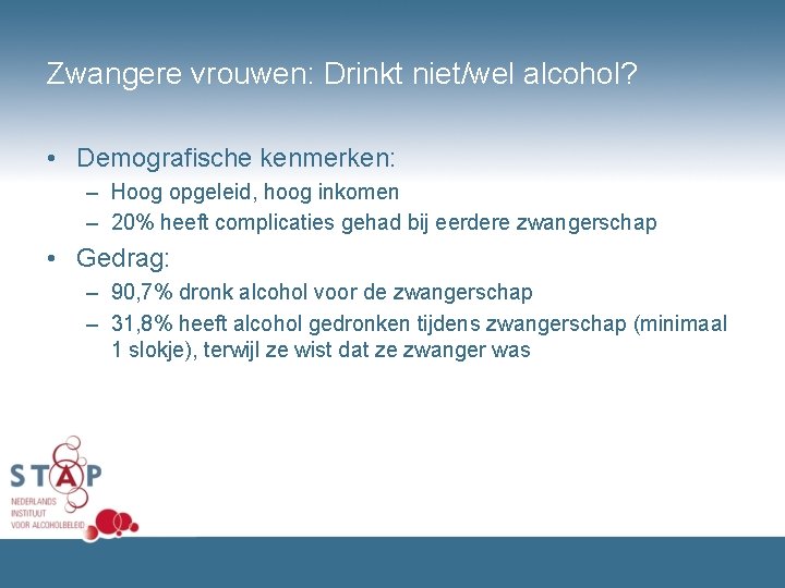 Zwangere vrouwen: Drinkt niet/wel alcohol? • Demografische kenmerken: – Hoog opgeleid, hoog inkomen –