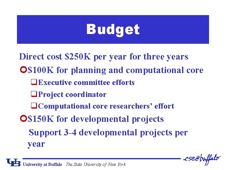 Budget Direct cost $250 K per year for three years ¢$100 K for planning