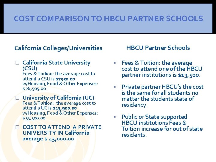 COST COMPARISON TO HBCU PARTNER SCHOOLS HBCU Partner Schools California Colleges/Universities � California State