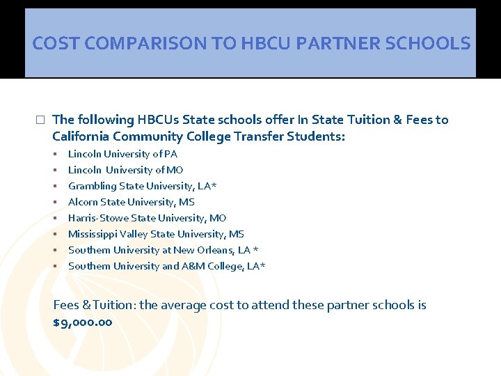 COST COMPARISON TO HBCU PARTNER SCHOOLS � The following HBCUs State schools offer In