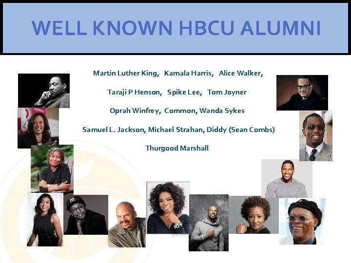 WELL KNOWN HBCU ALUMNI Martin Luther King, Kamala Harris, Alice Walker, Taraji P Henson,