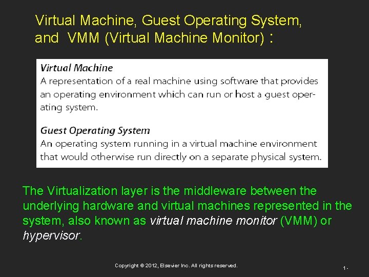 Virtual Machine, Guest Operating System, and VMM (Virtual Machine Monitor) : The Virtualization layer