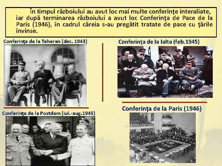 În timpul războiului au avut loc mai multe conferinţe interaliate, iar după terminarea războiului