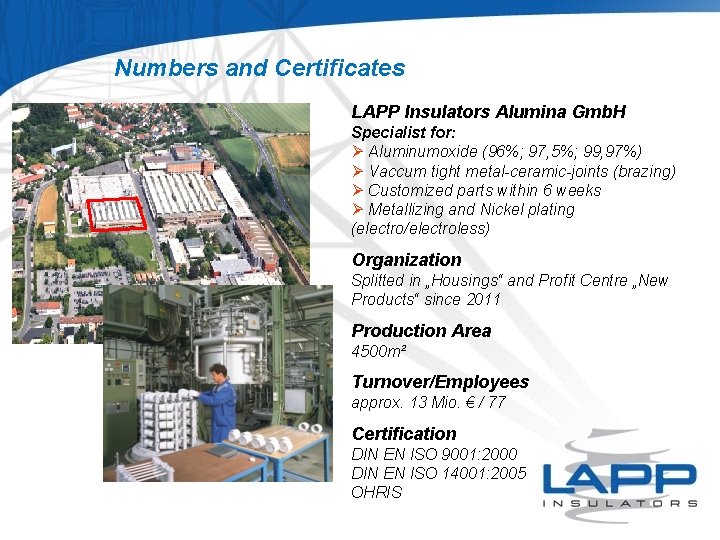 Numbers and Certificates LAPP Insulators Alumina Gmb. H Insulators Alumina products Specialist for: Ø