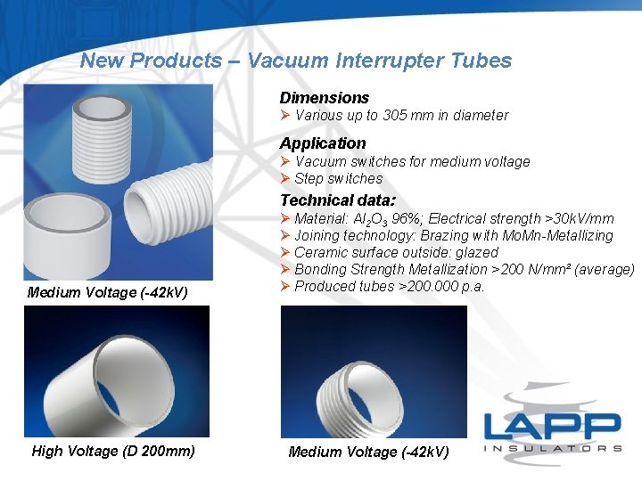 New Products – Vacuum Interrupter Tubes Dimensions Ø Various up to 305 mm in