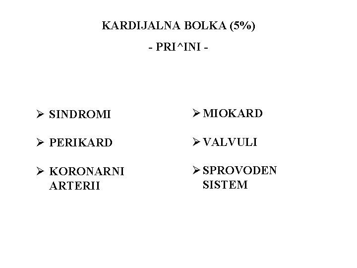 KARDIJALNA BOLKA (5%) - PRI^INI - Ø SINDROMI Ø MIOKARD Ø PERIKARD Ø VALVULI