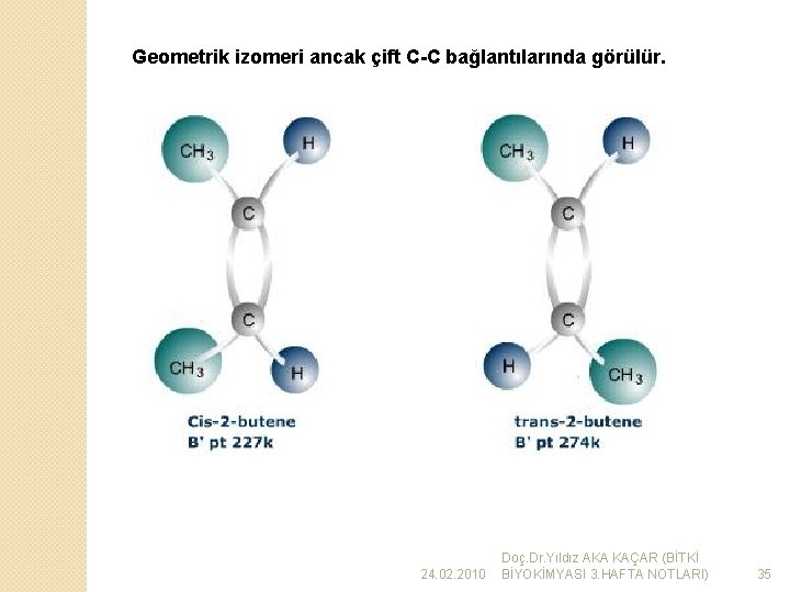 Geometrik izomeri ancak çift C-C bağlantılarında görülür. 24. 02. 2010 Doç. Dr. Yıldız AKA