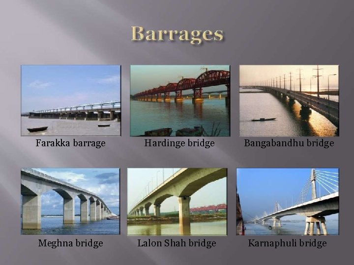 Farakka barrage Hardinge bridge Meghna bridge Lalon Shah bridge Bangabandhu bridge Karnaphuli bridge 
