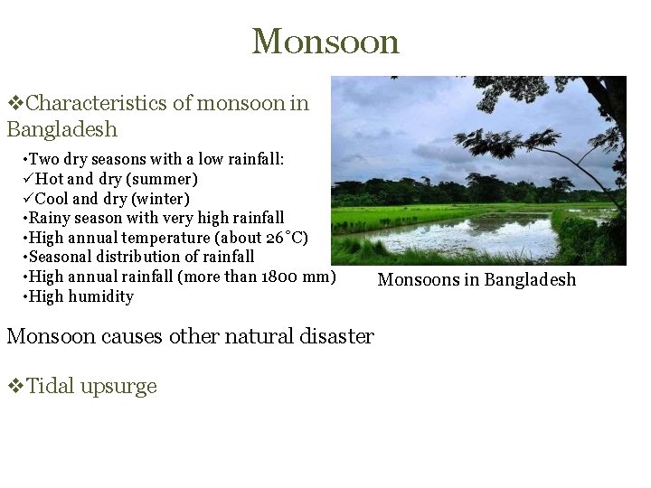 Monsoon Characteristics of monsoon in Bangladesh • Two dry seasons with a low rainfall: