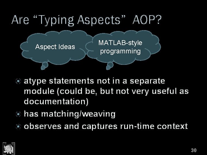 Are “Typing Aspects” AOP? Aspect Ideas MATLAB-style programming atype statements not in a separate