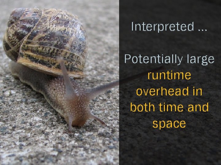 Interpreted … Potentially large runtime overhead in both time and space 9 