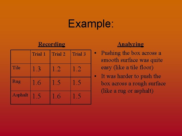 Example: Recording Trial 1 Trial 2 Trial 3 Tile 1. 3 1. 2 Rug