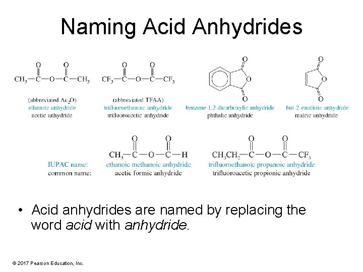 Naming Acid Anhydrides • Acid anhydrides are named by replacing the word acid with