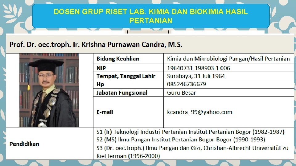 DOSEN GRUP RISET LAB. KIMIA DAN BIOKIMIA HASIL PERTANIAN 