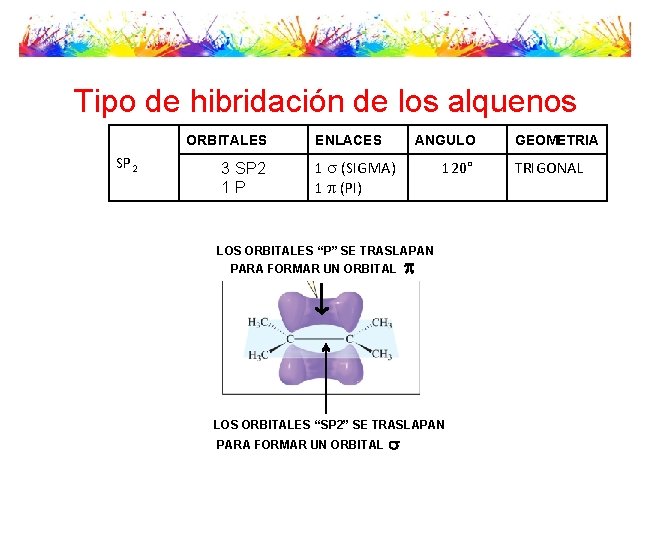 Tipo de hibridación de los alquenos ORBITALES SP 2 3 SP 2 1 P