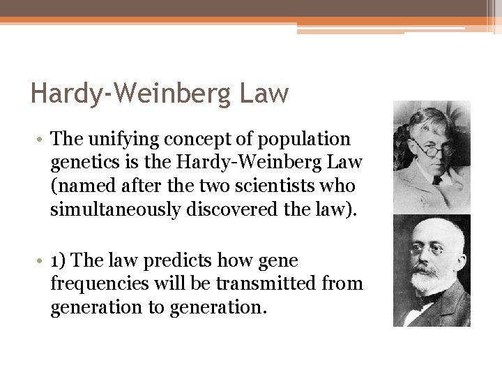 Hardy-Weinberg Law • The unifying concept of population genetics is the Hardy-Weinberg Law (named