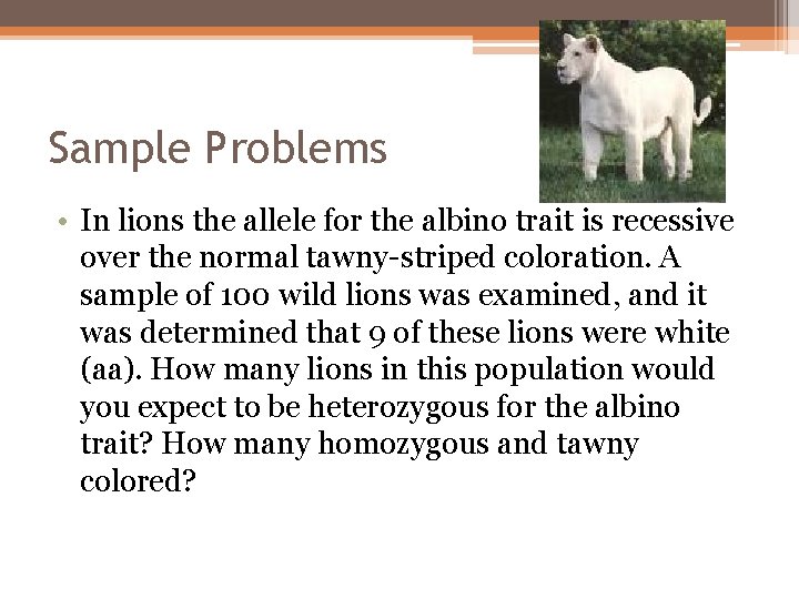 Sample Problems • In lions the allele for the albino trait is recessive over