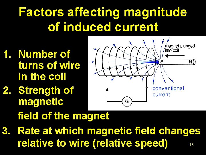 Factors affecting magnitude of induced current 1. Number of turns of wire in the