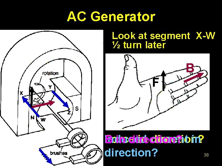AC Generator Look at segment X-W ½ turn later B F Force in current
