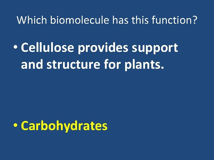 Which biomolecule has this function? • Cellulose provides support and structure for plants. •