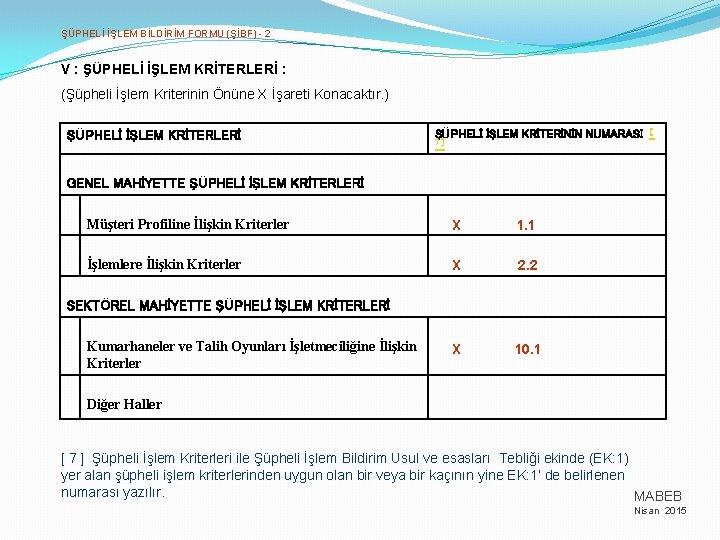 ŞÜPHELİ İŞLEM BİLDİRİM FORMU (ŞİBF) - 2 V : ŞÜPHELİ İŞLEM KRİTERLERİ : (Şüpheli