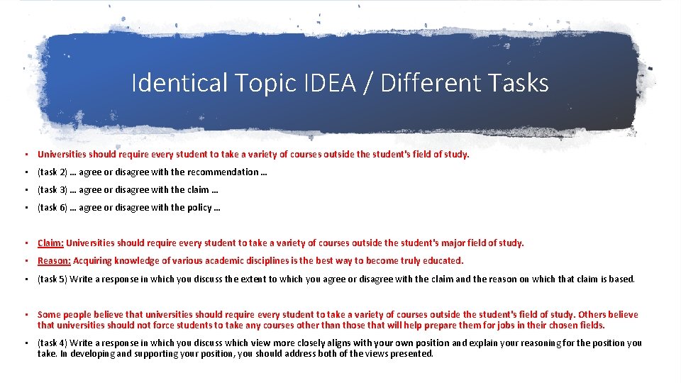 Identical Topic IDEA / Different Tasks • Universities should require every student to take