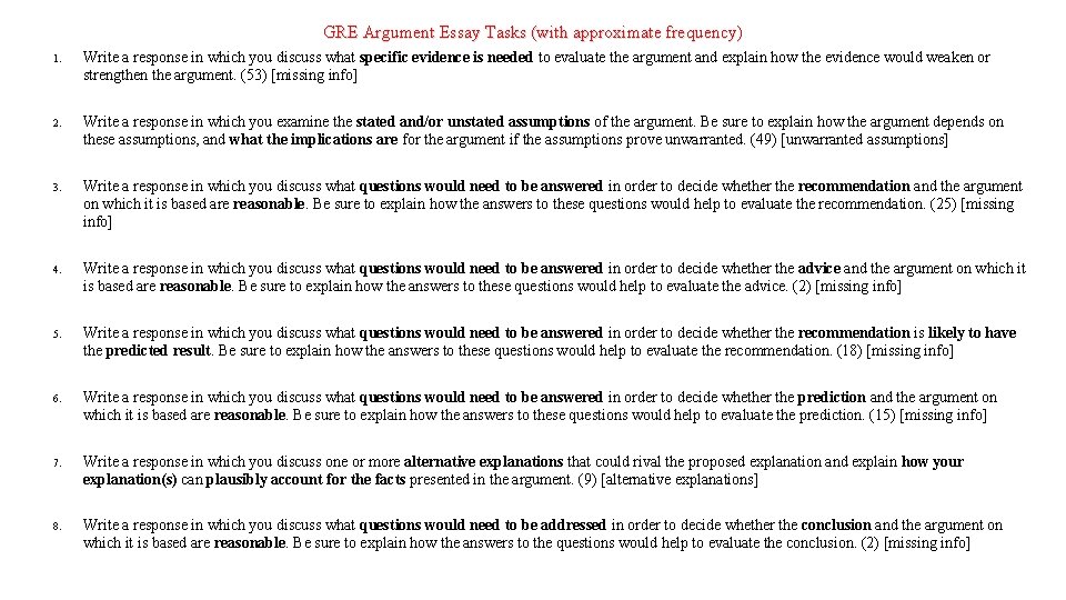 GRE Argument Essay Tasks (with approximate frequency) 1. Write a response in which you
