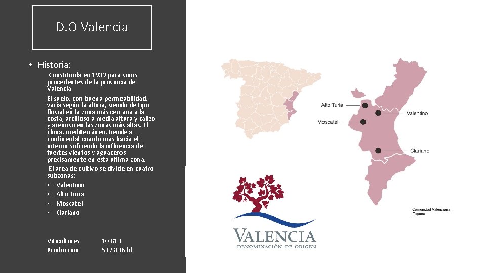 D. O Valencia • Historia: Constituida en 1932 para vinos procedentes de la provincia