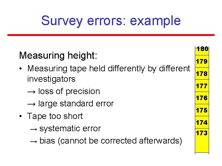Survey errors: example Measuring height: • Measuring tape held differently by different investigators →