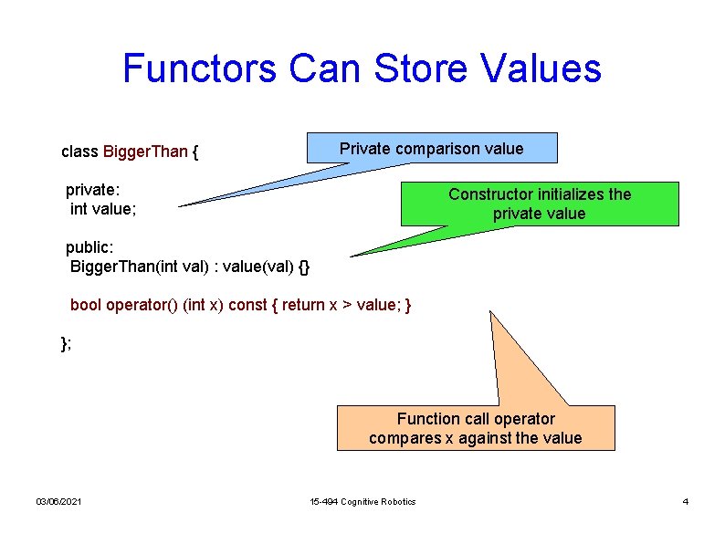 Functors Can Store Values Private comparison value class Bigger. Than { private: int value;