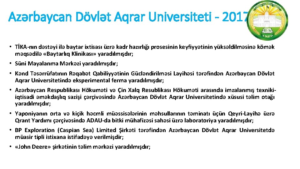 Azərbaycan Dövlət Aqrar Universiteti - 2017 • TİKA-nın dəstəyi ilə baytar ixtisası üzrə kadr