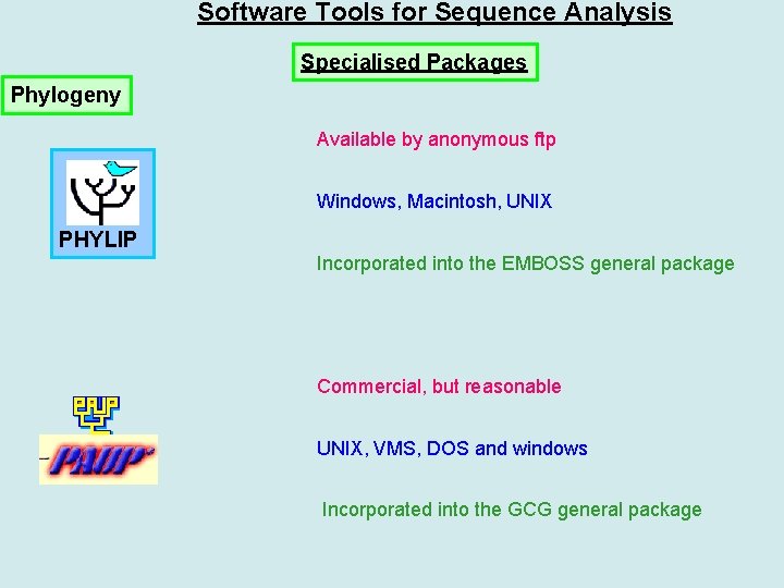 Software Tools for Sequence Analysis Specialised Packages Phylogeny Available by anonymous ftp Windows, Macintosh,