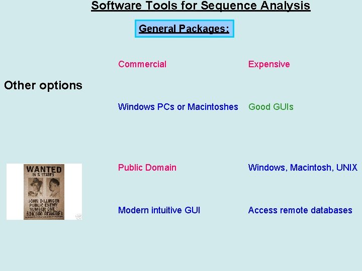 Software Tools for Sequence Analysis General Packages: Commercial Expensive Windows PCs or Macintoshes Good